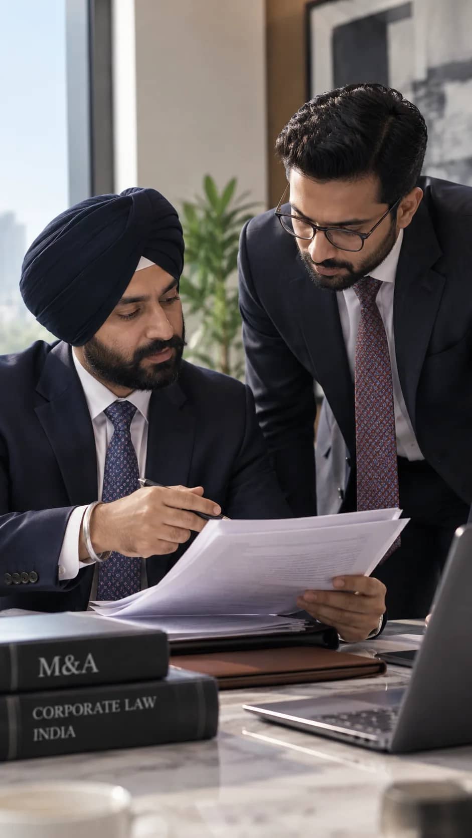 Two lawyers reading a printed agreement together at a table